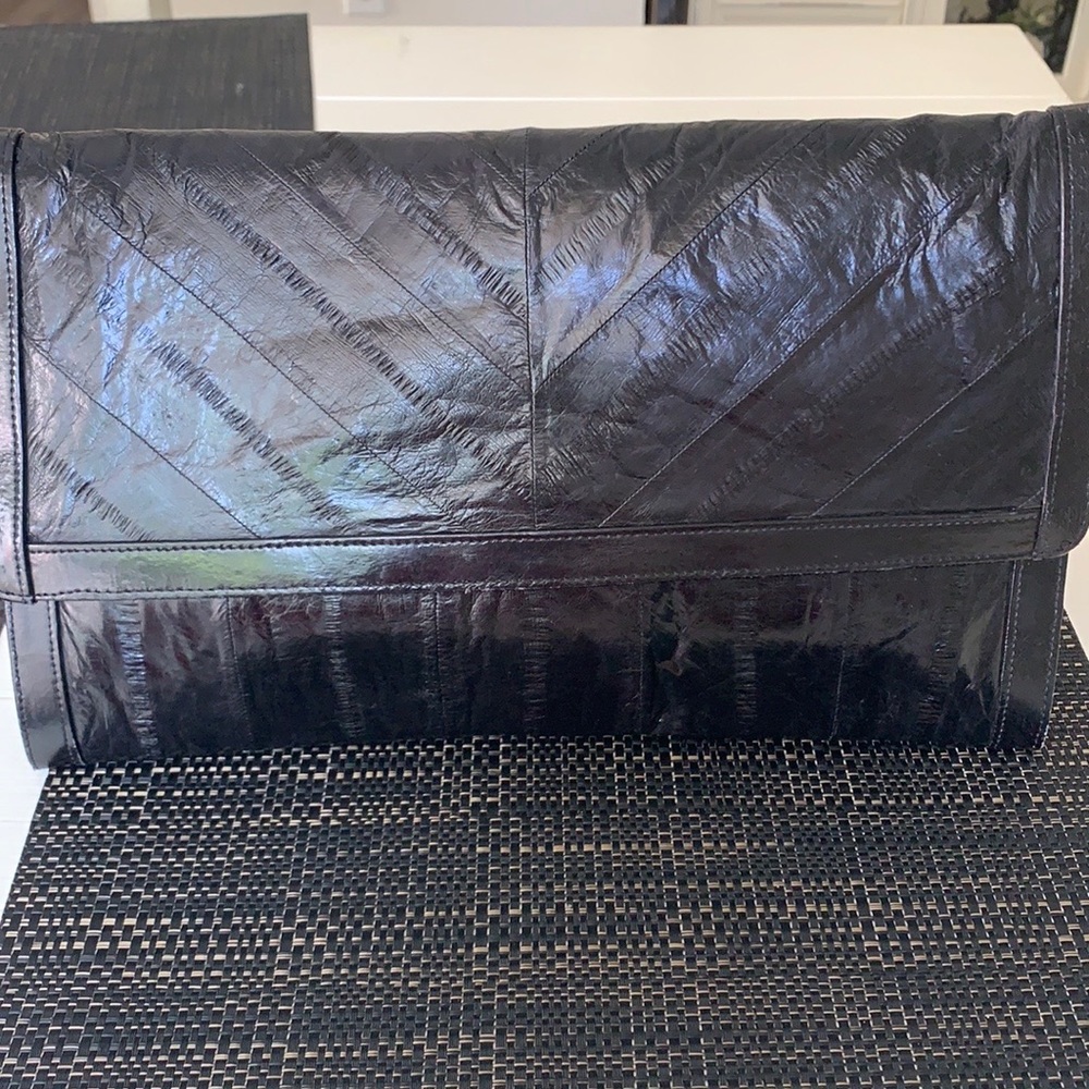 Sunco vintage black Genuine EEL Skin hand clutch/purse 12”x7”, made in Korea